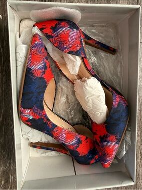 Jessica Simpson Red and Blue Patterned Pointed-Toe Stiletto Heels